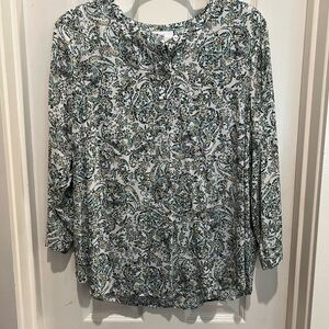 J. Jill Green and White Paisley 3/4 Length Sleeve Top